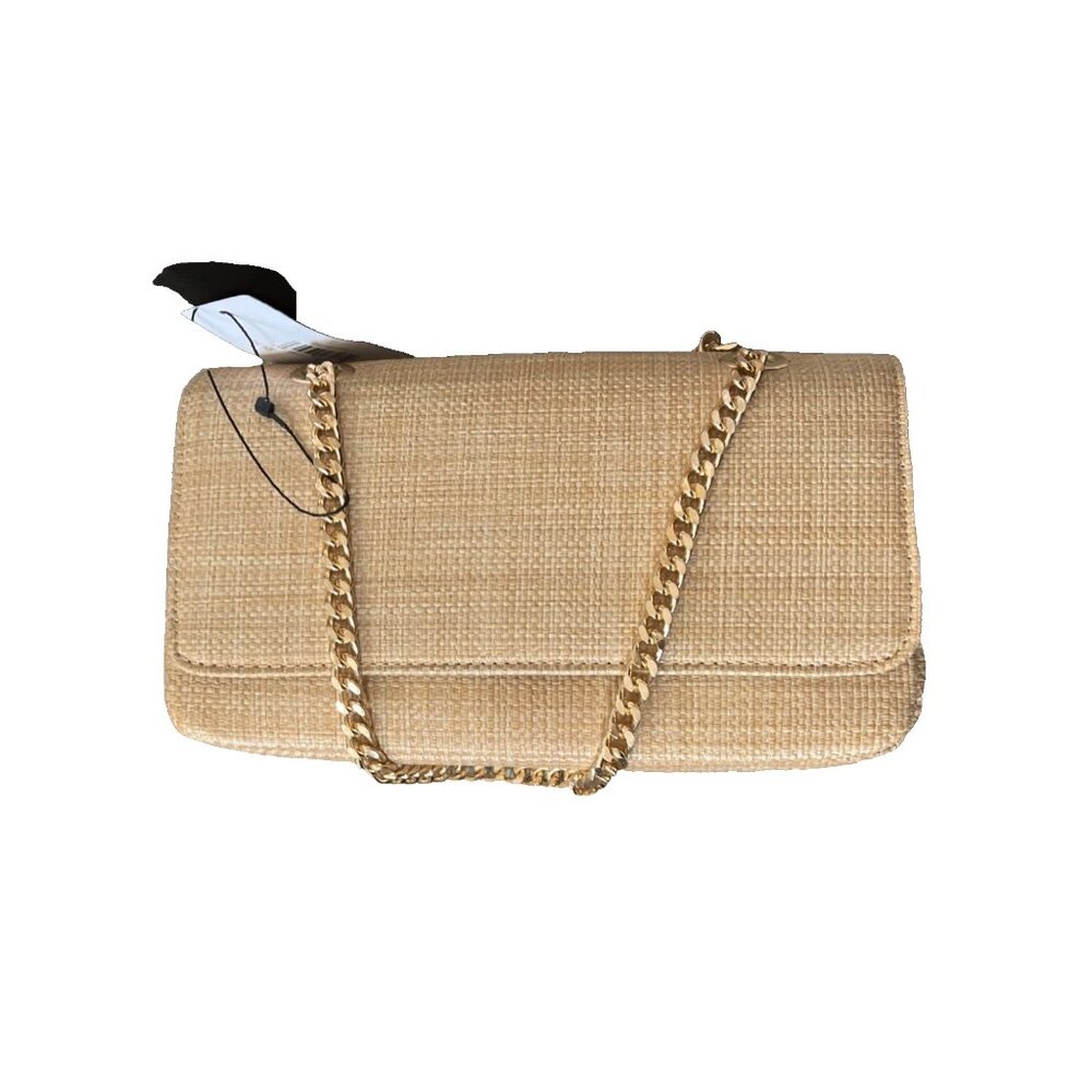Beige Woven Crossbody Bag with Gold Chain Strap